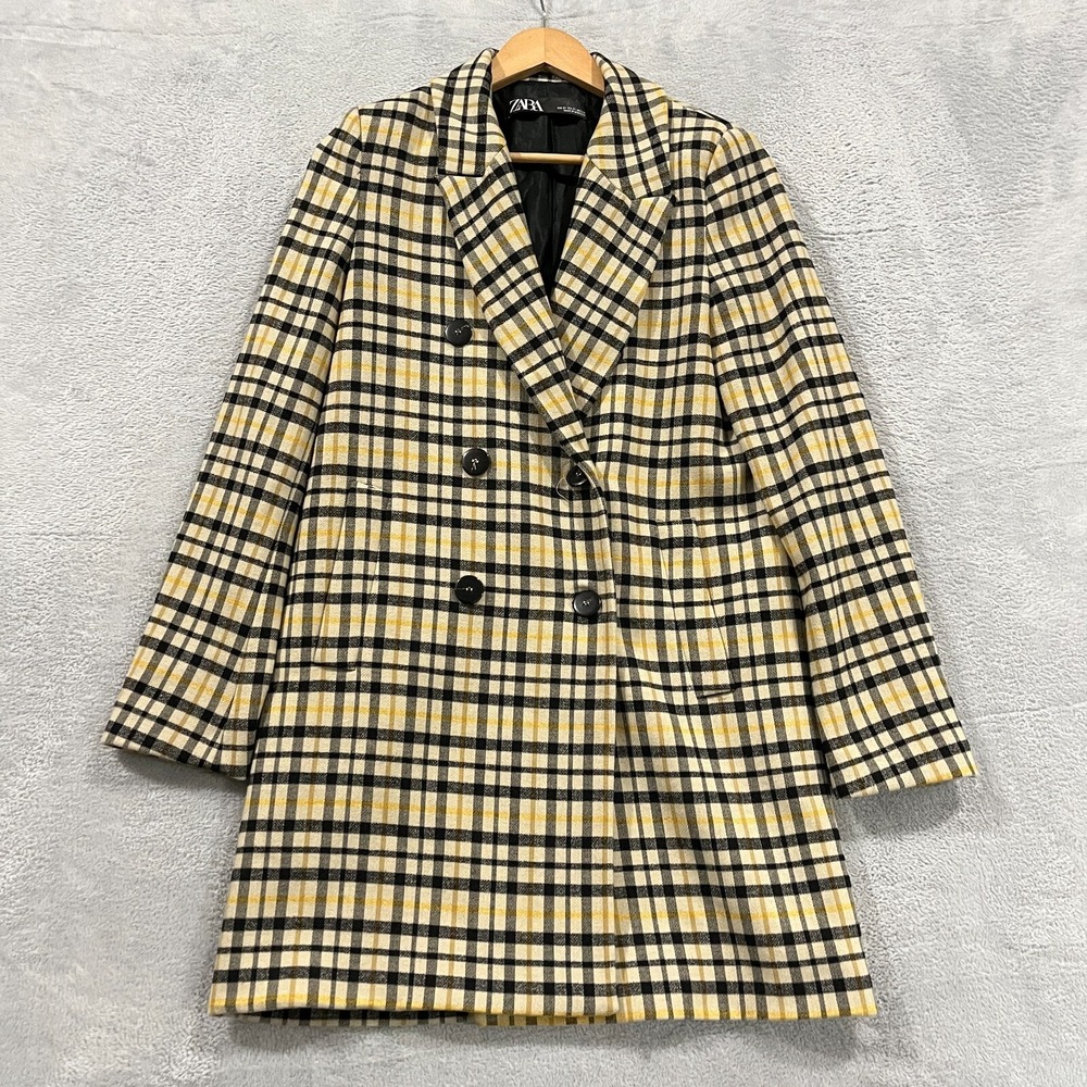 Zara Coat‎ Womens XS Plaid Double Breasted Classic Long Preppy Peacoat Career